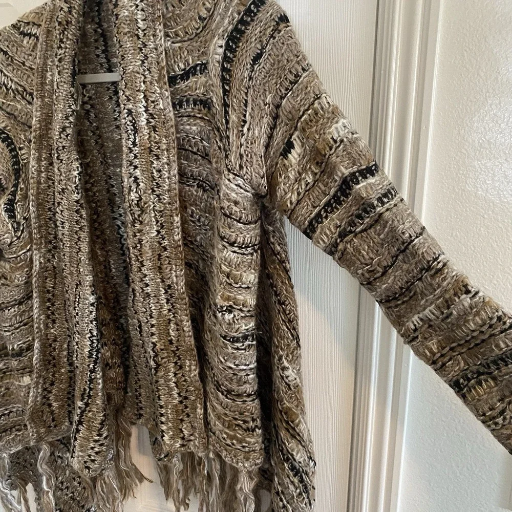 Skies Are Blue Women M Cable Knit Open Cardigan Blazer Fringed Wool Blend Brown‎